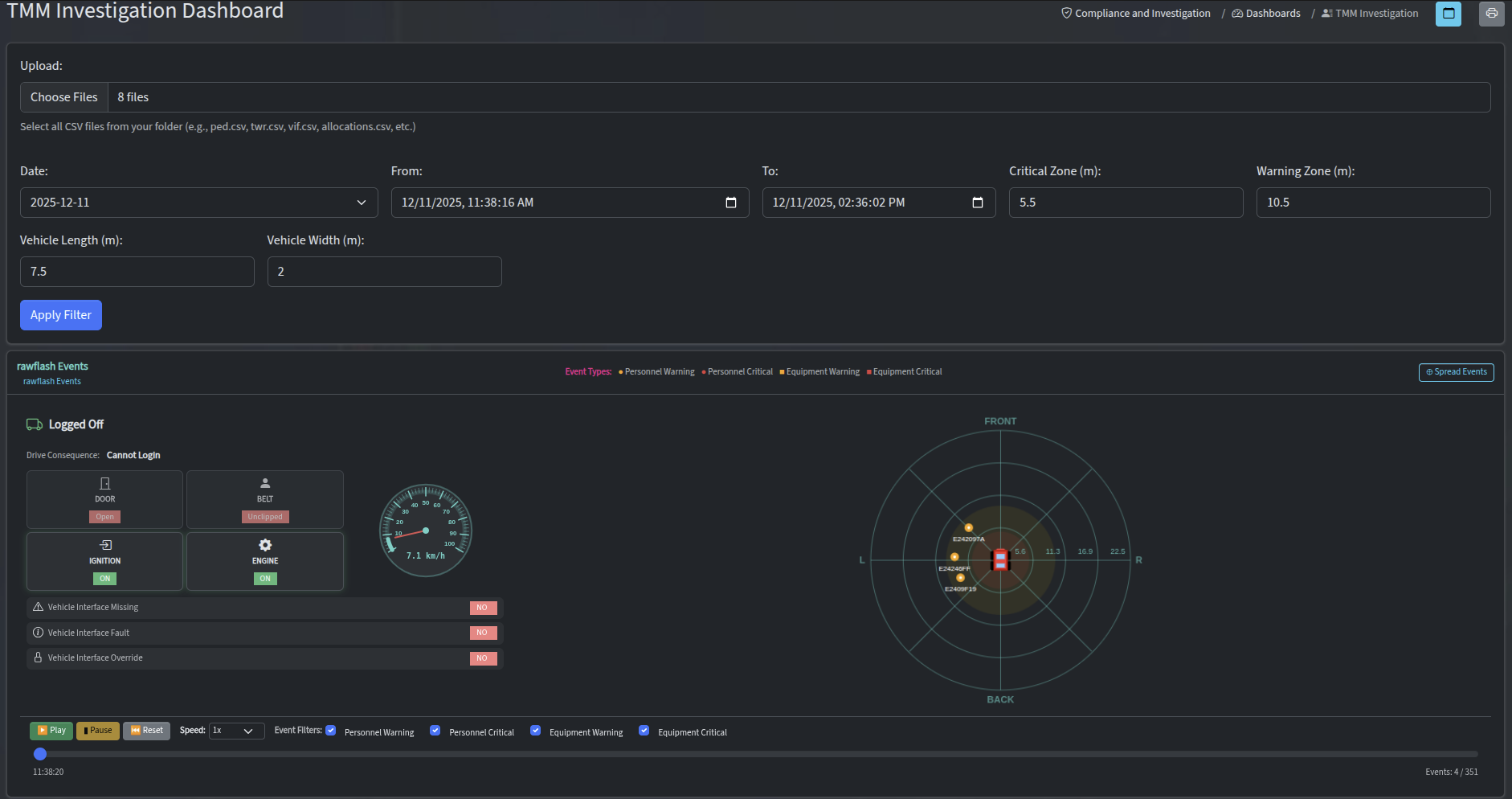AR Mobile TMM Investigation Dashboard showing event filters, vehicle state and proximity radar playback